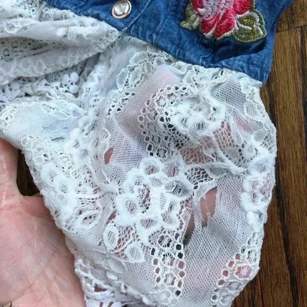 Nicole Miller Girls 24M Embellished Jean Vest w/Lace Bottom - Picture 7 of 8